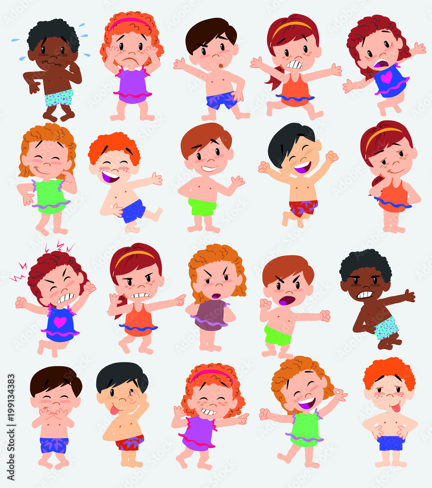 Cartoon character boys and girls in a swimsuit. Set with different postures, attitudes and poses, doing different activities. Vector illustrations. Cartoon character boys and girls in a swimsuit. Set with different postures, attitudes and poses, doing different activities. Vector illustrations.