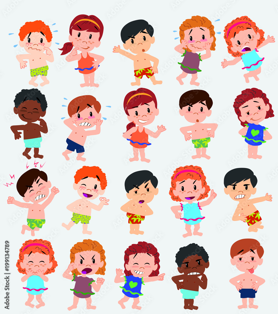 Cartoon character boys and girls in a swimsuit. Set with different postures, attitudes and poses, doing different activities. Vector illustrations.