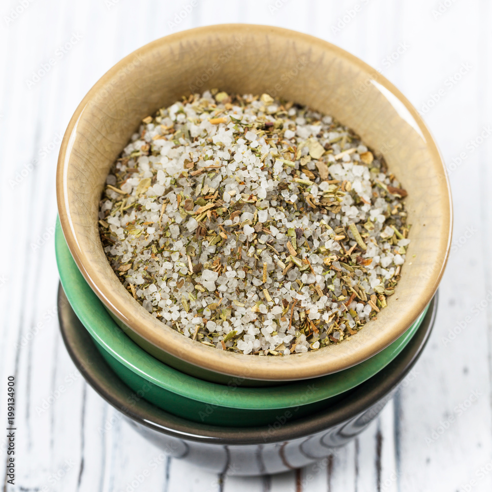 Sea Salt with Seasoning Herbs Mix and Spices. Selective focus. Sea Salt with Seasoning Herbs Mix and Spices. Selective focus.