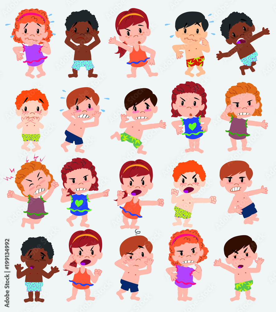 Cartoon character boys and girls in a swimsuit. Set with different postures, attitudes and poses, doing different activities. Vector illustrations. Cartoon character boys and girls in a swimsuit. Set with different postures, attitudes and poses, doing different activities. Vector illustrations.