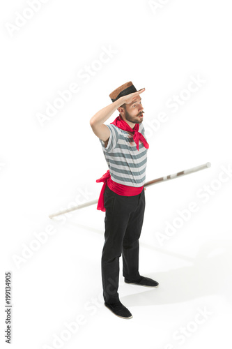 Fototapeta Caucasian man in traditional gondolier costume and hat