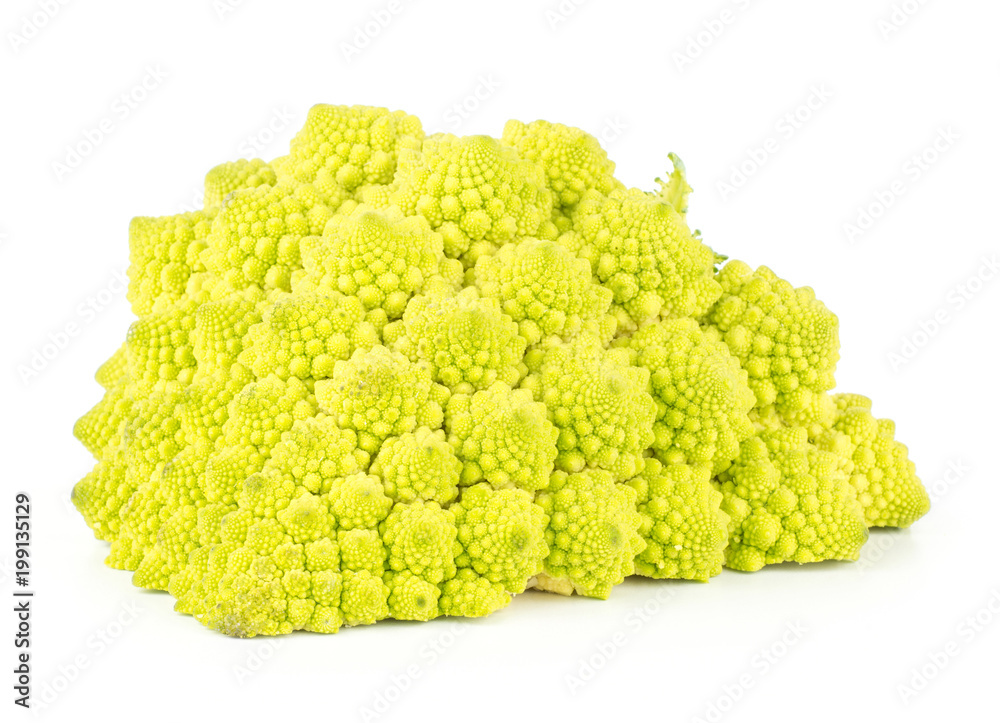 Romanesco cauliflower one green half isolated on white background. Romanesco cauliflower one green half isolated on white background.