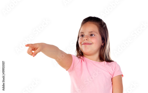 Cute child girl pointing with his finger somewhere