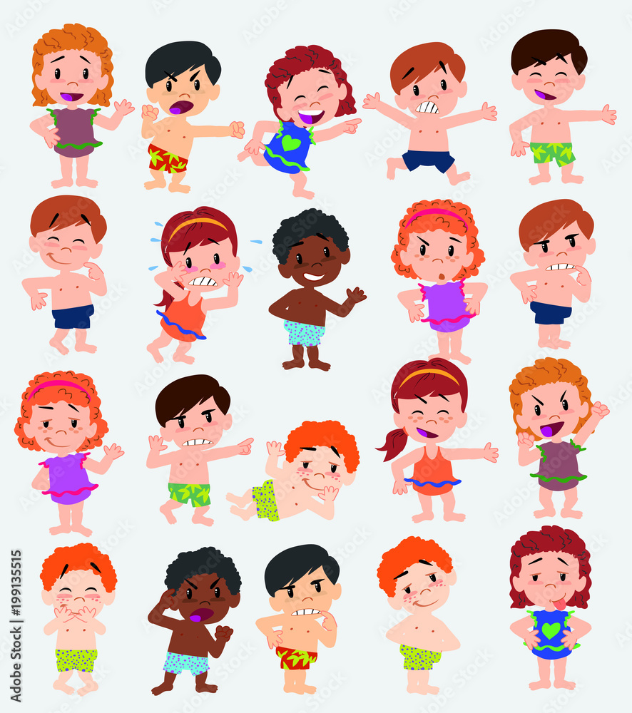Cartoon character boys and girls in a swimsuit. Set with different postures, attitudes and poses, doing different activities. Vector illustrations. Cartoon character boys and girls in a swimsuit. Set with different postures, attitudes and poses, doing different activities. Vector illustrations.