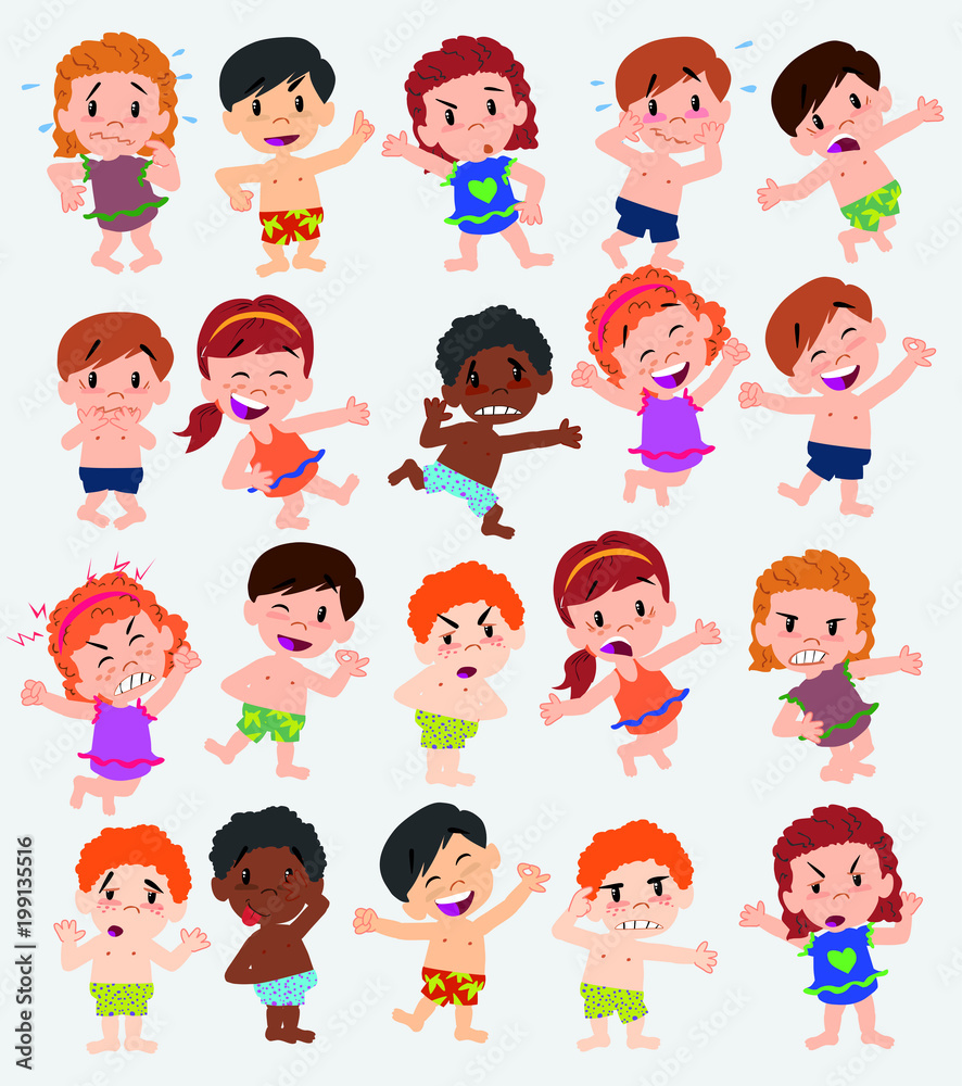 Cartoon character boys and girls in a swimsuit. Set with different postures, attitudes and poses, doing different activities. Vector illustrations. Cartoon character boys and girls in a swimsuit. Set with different postures, attitudes and poses, doing different activities. Vector illustrations.