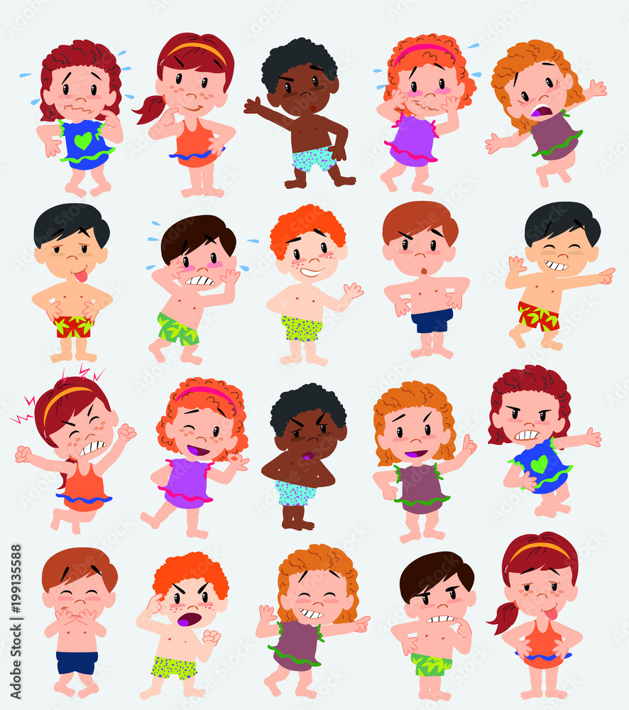 Cartoon character boys and girls in a swimsuit. Set with different postures, attitudes and poses, doing different activities. Vector illustrations. Cartoon character boys and girls in a swimsuit. Set with different postures, attitudes and poses, doing different activities. Vector illustrations.