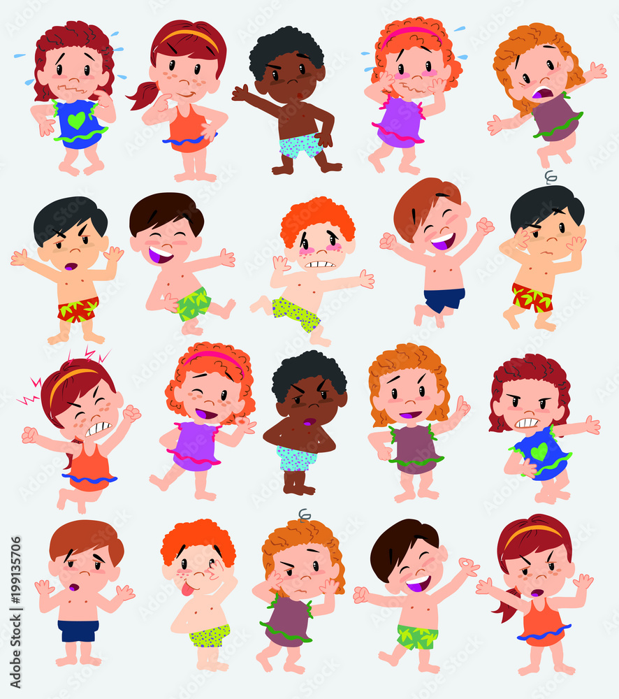Cartoon character boys and girls in a swimsuit. Set with different postures, attitudes and poses, doing different activities. Vector illustrations. Cartoon character boys and girls in a swimsuit. Set with different postures, attitudes and poses, doing different activities. Vector illustrations.