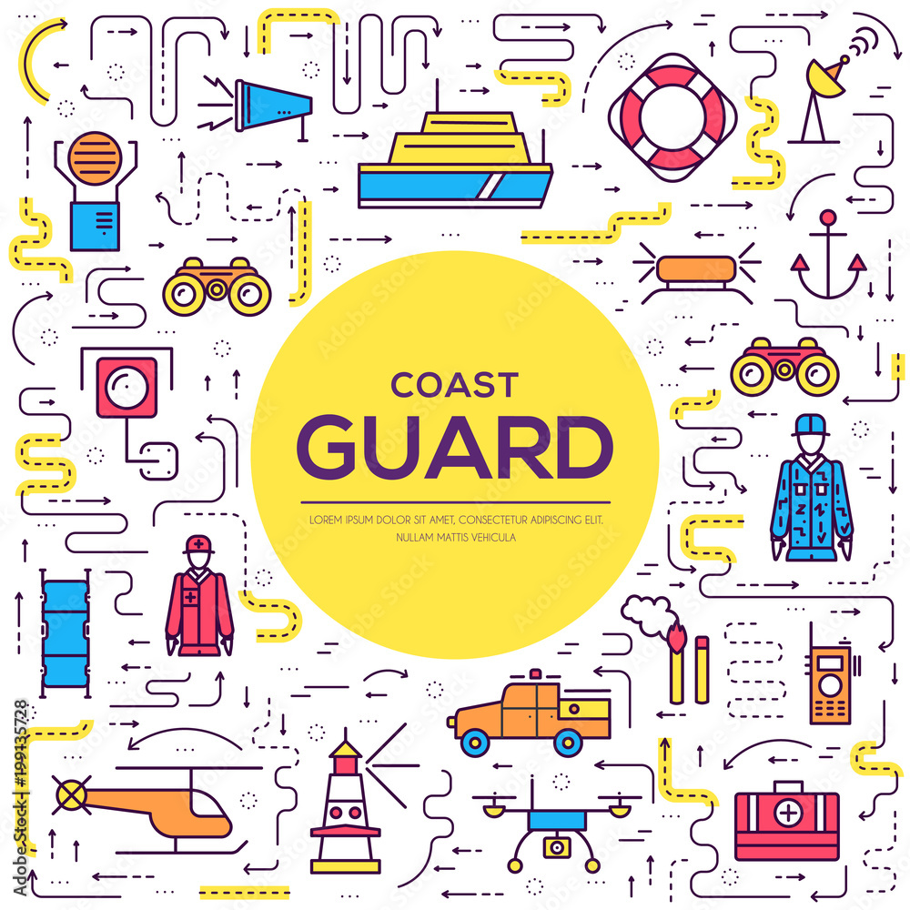 coast guard day illustration vector outline icon set. Thin line guarding the order elements concept 