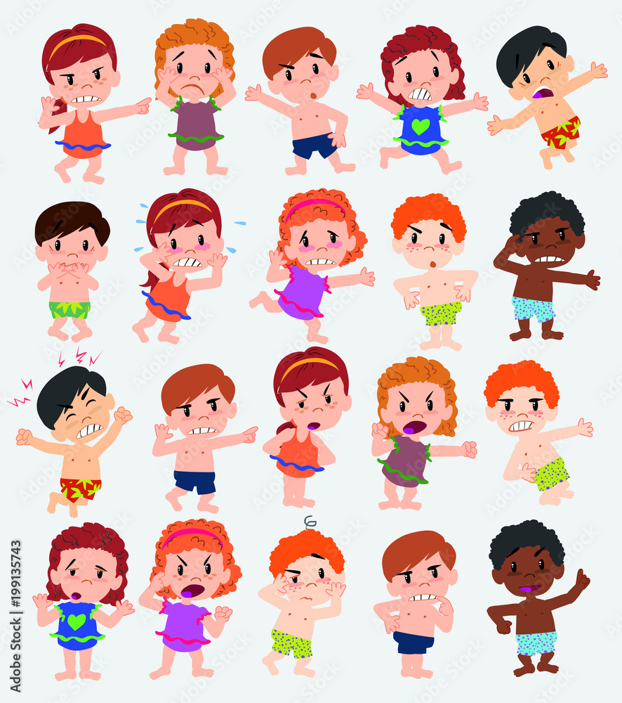 Cartoon character boys and girls in a swimsuit. Set with different postures, attitudes and poses, doing different activities. Vector illustrations. Cartoon character boys and girls in a swimsuit. Set with different postures, attitudes and poses, doing different activities. Vector illustrations.