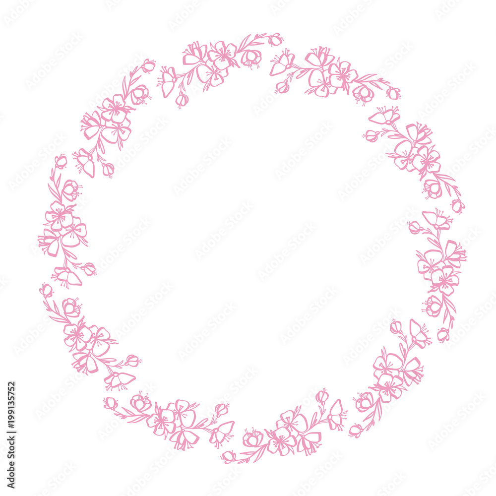 Pink flower wreath Hand-drawn frame made in vector with line-art Isolated on white background