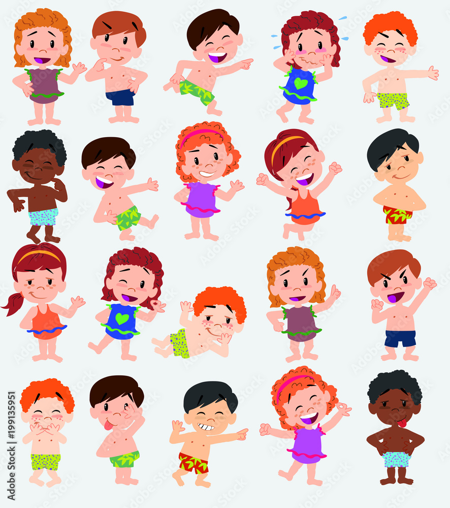Cartoon character boys and girls in a swimsuit. Set with different postures, attitudes and poses, doing different activities. Vector illustrations. Cartoon character boys and girls in a swimsuit. Set with different postures, attitudes and poses, doing different activities. Vector illustrations.