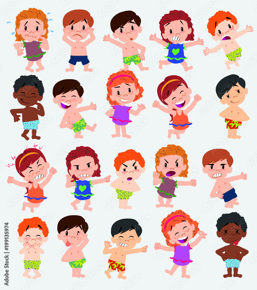 Cartoon character boys and girls in a swimsuit. Set with different postures, attitudes and poses, doing different activities. Vector illustrations. Cartoon character boys and girls in a swimsuit. Set with different postures, attitudes and poses, doing different activities. Vector illustrations.