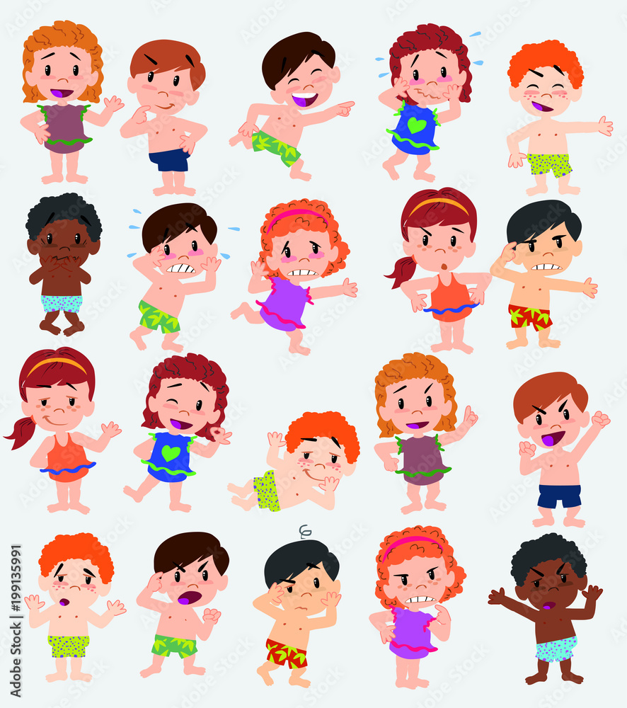 Cartoon character boys and girls in a swimsuit. Set with different postures, attitudes and poses, doing different activities. Vector illustrations. Cartoon character boys and girls in a swimsuit. Set with different postures, attitudes and poses, doing different activities. Vector illustrations.