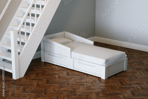 White kid bed and stairs in grey Scandinavian child room 3d render