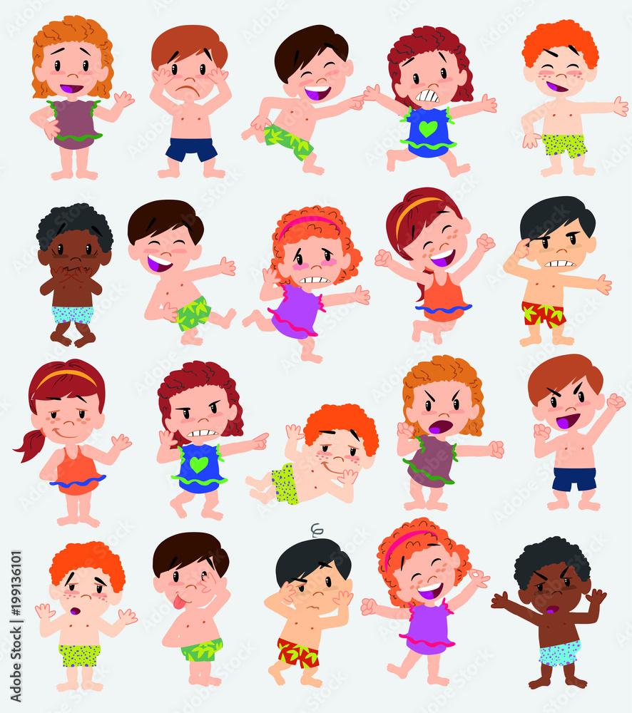 Cartoon character boys and girls in a swimsuit. Set with different postures, attitudes and poses, doing different activities. Vector illustrations. Cartoon character boys and girls in a swimsuit. Set with different postures, attitudes and poses, doing different activities. Vector illustrations.