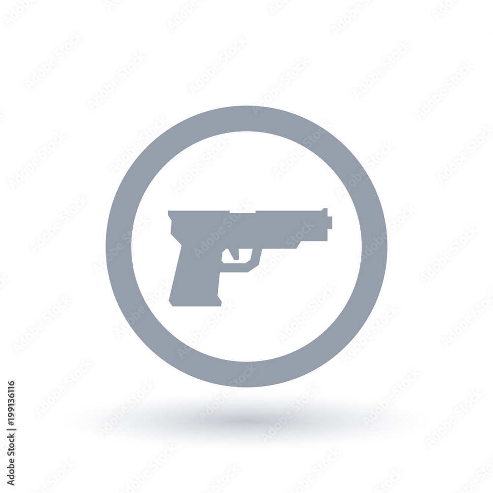 Crime icon. Combat weapon symbol. Hand gun silhouette sign in circle. Vector illustration. Crime icon. Combat weapon symbol. Hand gun silhouette sign in circle. Vector illustration.