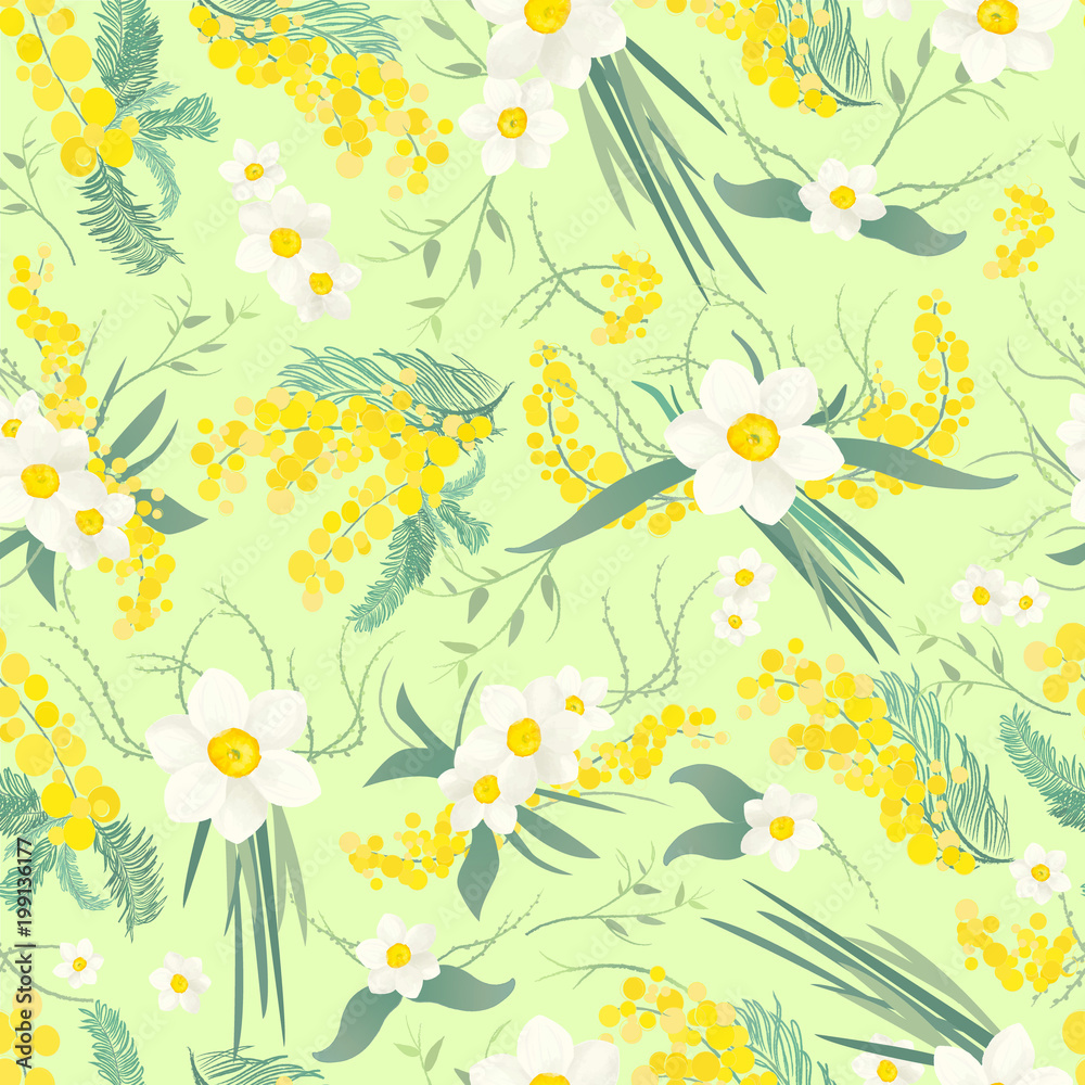 Spring flowers seamless pattern on a green background