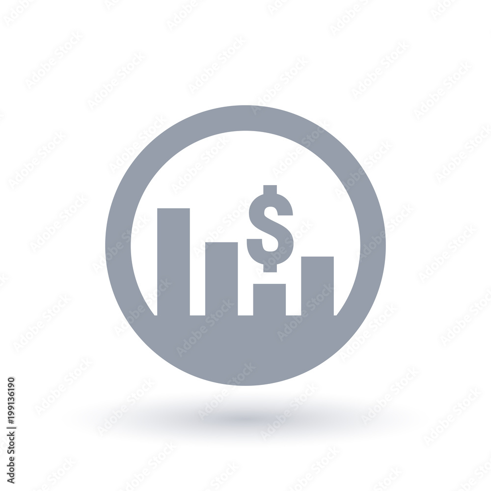 USD stock market icon. Currency exchange rate trade value sign. American dollar symbol and bar graph in circle. Vector illustration. USD stock market icon. Currency exchange rate trade value sign. American dollar symbol and bar graph in circle. Vector illustration.