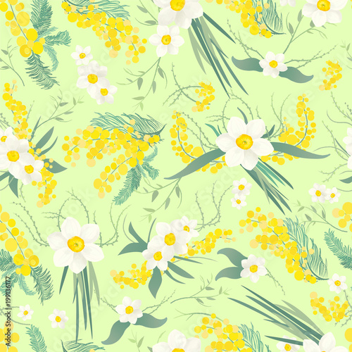 Fototapeta Naklejka Na Ścianę i Meble -  Spring flowers seamless pattern on a green background