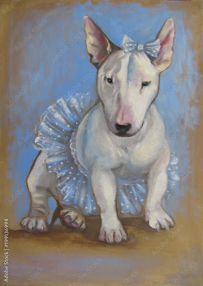 Painting of white bull terrier puppy with funny skirt and bow on sepia and light blue artistic background. Original artwork, oil on canvas 