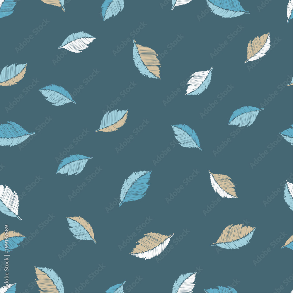 Seamless background with decorative leaves. Scribble texture. Textile rapport.