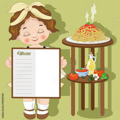 Little girl cook with spaghetti and menu
