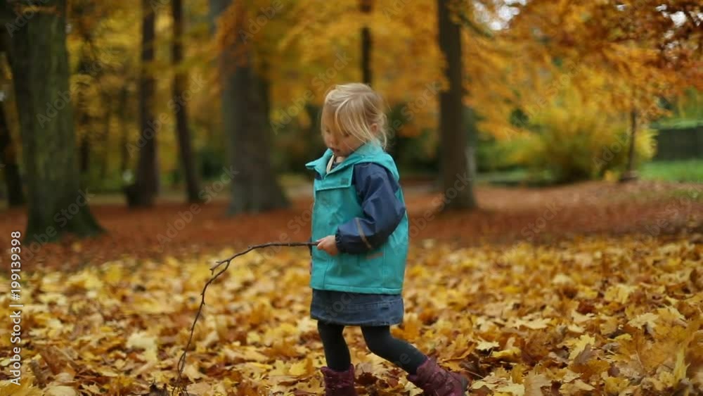 Girl Playing With Branch and Walking on Fallen Autumn Leaves Girl Playing With Branch and Walking on Fallen Autumn Leaves