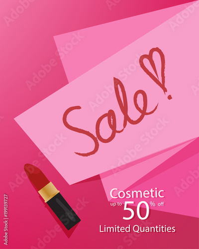 Cosmetic ladies sale template banner, discount clearance up to 50% off, with a pink paper and lipstick on a pink background,Vector illustration design,EPS10.