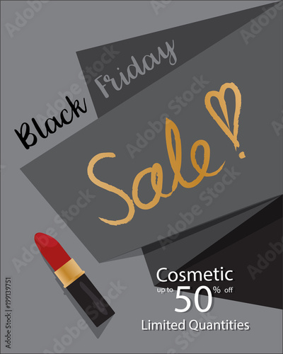 Black friday concept,Cosmetic ladies sale template banner, discount clearance up to 50% off, with a black paper and lipstick on a grey background,Vector illustration design,EPS10.