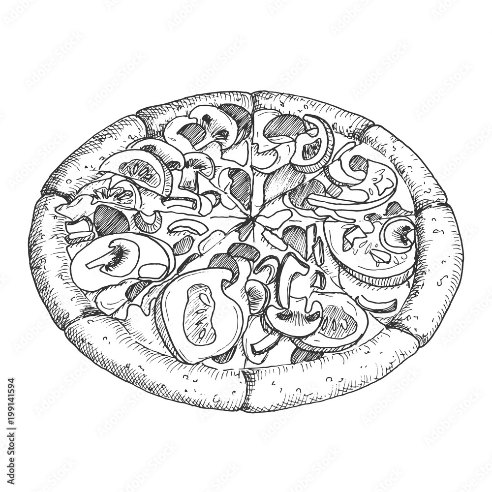 Sketch ink graphic full size sliced pizza illustration, vector draft silhouette drawing, black hatching on white background. Delicious vintage etching food design.