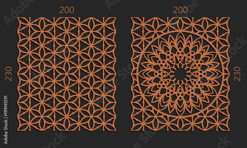 Laser cutting set. Woodcut vector trellis panels. Plywood lasercut floral design. Hexagonal seamless patterns for printing, engraving, paper cut. Stencil lattice ornaments.