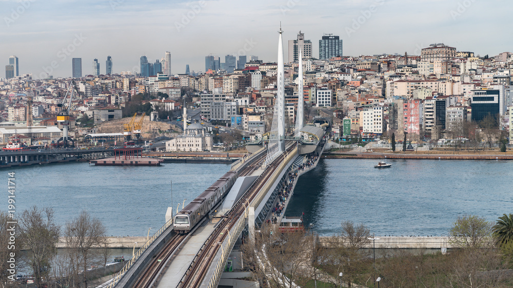 Panoramic view of Golden Horn Metro Bridge in Istanbul City, Turkey