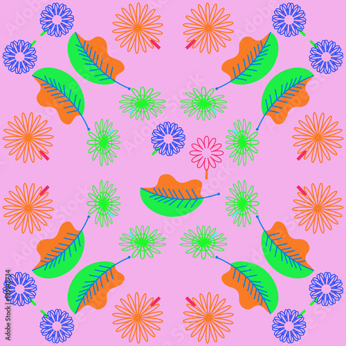 Pattern of floral motif, flowers, leaves, doodles.