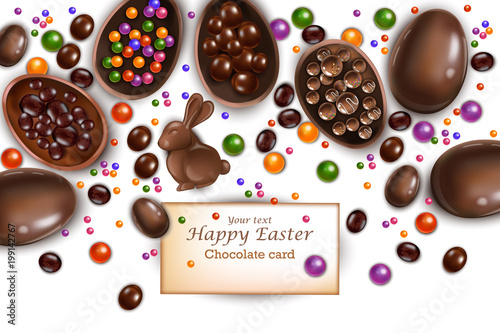 Happy Easter card with chocolate bunny and eggs. Vector 3d realistic illustra...