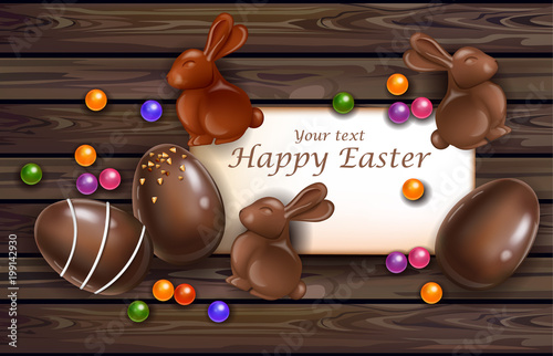 Happy Easter card with chocolate bunny and eggs. Vector 3d realistic illustrations