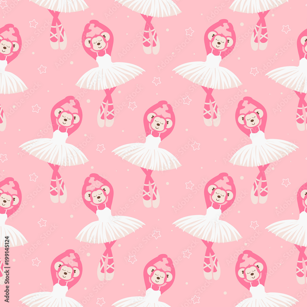 Pink monkey ballerina dance seamless vector pattern. Pink monkey ballerina dance seamless vector pattern.