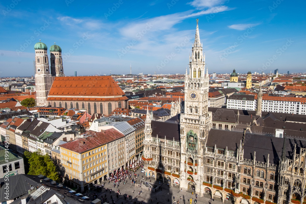 Oct 20, 2017 - Munich, Germany:  Marienplatz clock town in downtown, view from top of tower with cityscape view.