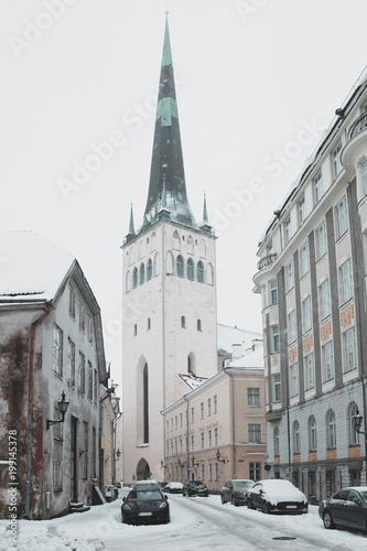 St. Olaf's church in Tallinn, Estonia on a snowy day
