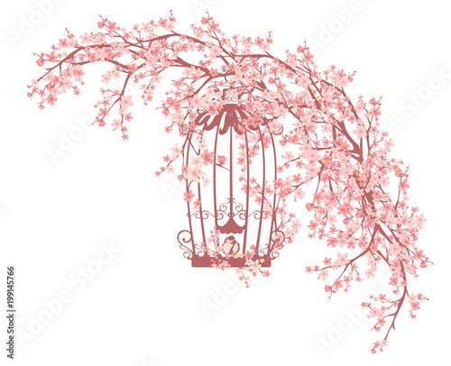 open bird cage among blooming cherry tree branches - spring season vector design