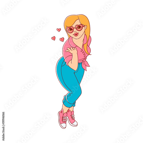 plump obese girl blow air kiss in fancy heart shape sunglasses. Sketch style cute female character in jeans, pink skirt. Vector adult blonde overweight woman having fun