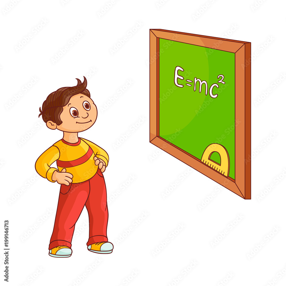 School boy near blackboard isolated on white background. Cute hand drawn  cartoon little child with brown hair stands and looks with curiosity at green  board with chalk sign. Vector illustration. Stock Vector |