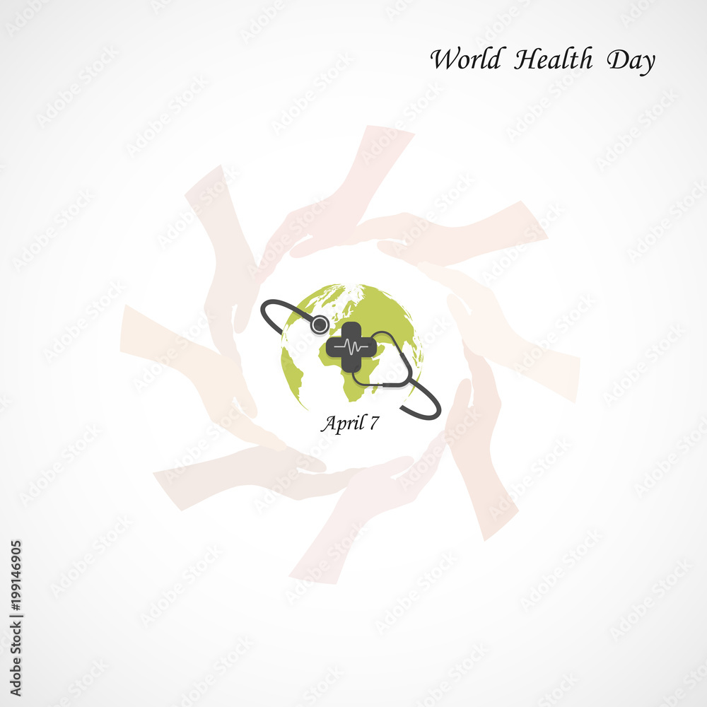 Globe sign,human hand and stethoscope vector logo design template.World Health Day icon.World Health Day idea campaign concept for greeting card and poster.Vector illustration Globe sign,human hand and stethoscope vector logo design template.World Health Day icon.World Health Day idea campaign concept for greeting card and poster.Vector illustration