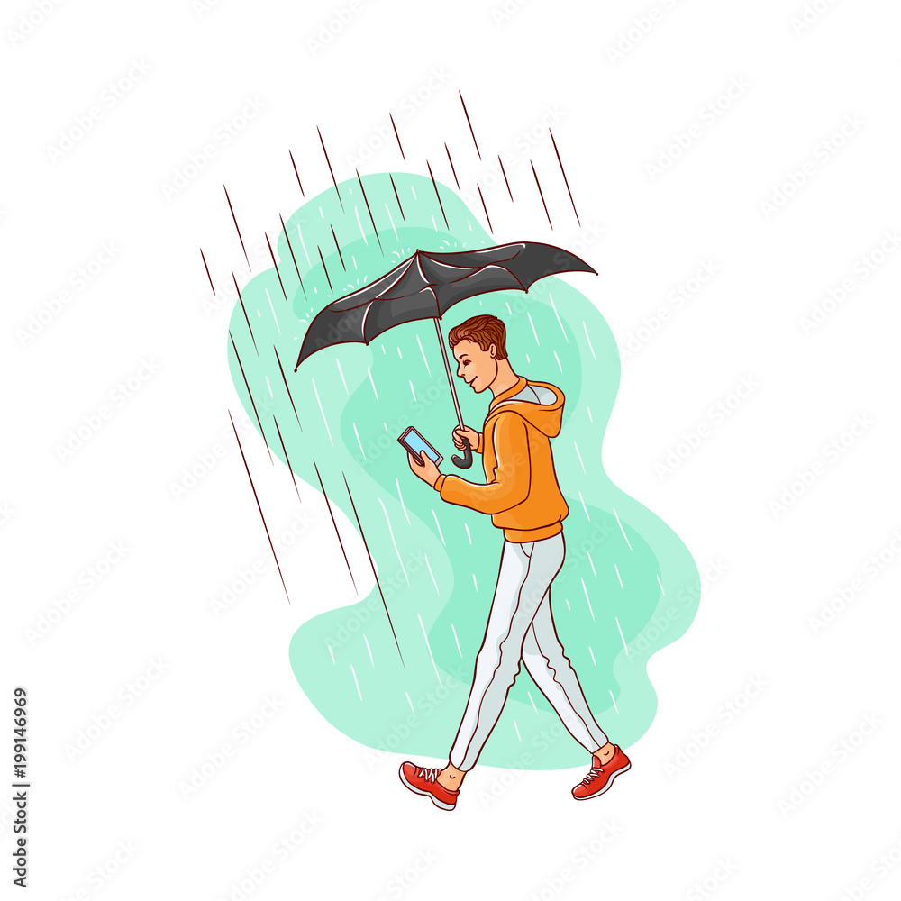 Vector sketch cartoon young caucasian man walking holding umbrella under  rain jeans hoodie smiling looking in smartphone. Happy male character rainy  summer weather isolated background illustration Stock Vector | Adobe Stock