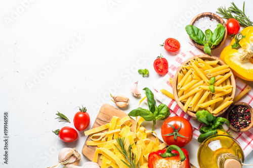 Italian food background on white top view.