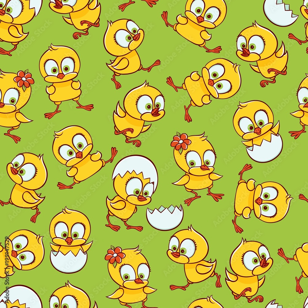 vector flat cute baby chicken, yellow small chick hatching from egg seamless pattern. Bird animal, illustration green background, poultry, farm organic food products advertising design object.