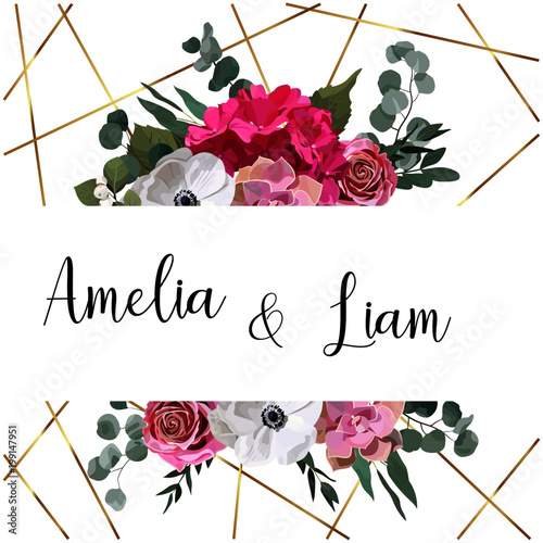 Floral wedding invitation card with hydrangea, rose,anemone,succulent,eucalypyus leaves in watercolor style.Greenery botanical template with text place for invite, greeting and covers, poligraphy