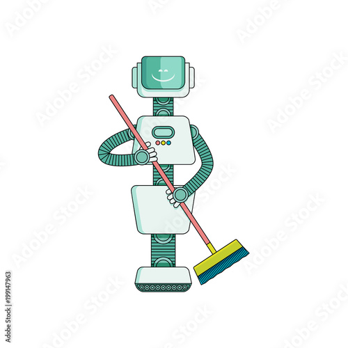 Robot doing housework on cleaning house - sweeping floor with broom isolated on white background. Cartoon character of robotic artificial intelligence home assistant . Vector illustration.