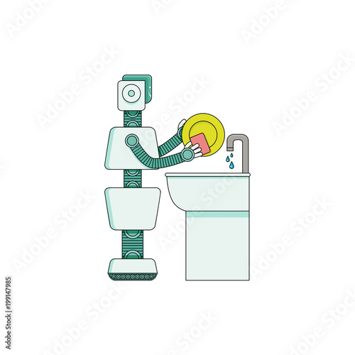 Robot home assistant washing dishes in kitchen washbasin isolated on white background. Cartoon character of android housekeeper holds sponge and makes plate clean. Vector illustration.