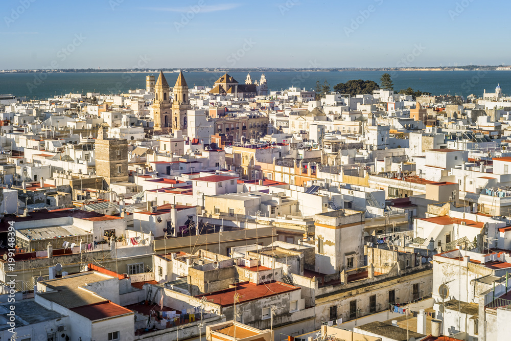 Cityscape of Cadiz surrounded by The Atlantic Ocean , Andalusia, Spain