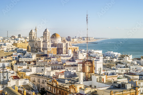 Cityscape by the Atlantic Ocean with famous Cathedral of Cadiz, Andalusia, Spain